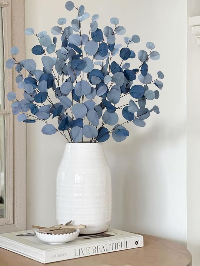 Blue Eucalyptus Stems Fake Eucalyptus Leaves 34” Long Silver Dollar Leaves 5 Pcs Silk Eucalyptus Stems for DIY Bouquet Arrangements Centerpieces Shower Decorations-Artificial Eucalyptus Spray