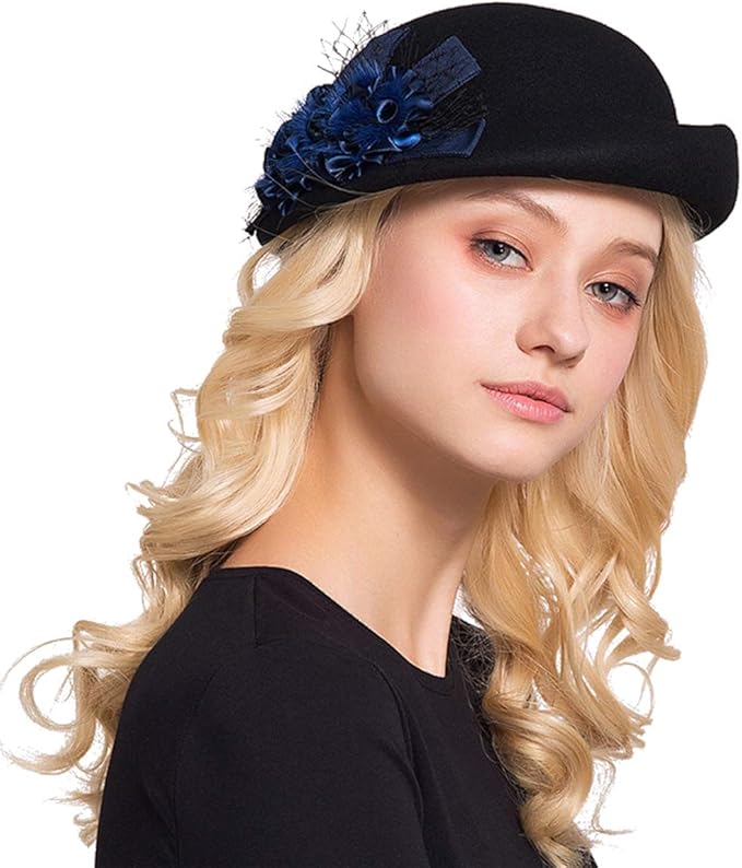 ORIDOOR Women Vintage 100% Wool Felt Flowers Bucket Cloche Bowler Hat Church Wedding Beret Hat