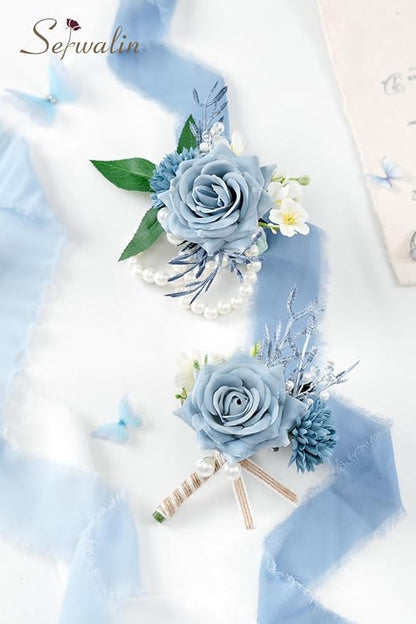 Serwalin Corsage and Boutonniere Set, Boutonniere and Wrist Corsage Wristlet Prom Homecoming Wedding Flowers Accessories Prom Suit Decorations (Blue & Dusty Blue)
