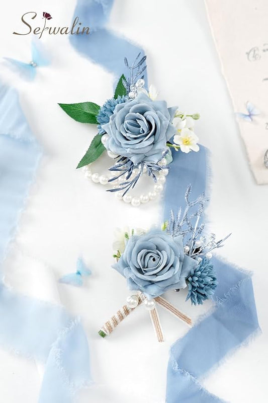 Serwalin Corsage and Boutonniere Set, Boutonniere and Wrist Corsage Wristlet Prom Homecoming Wedding Flowers Accessories Prom Suit Decorations (Blue & Dusty Blue)