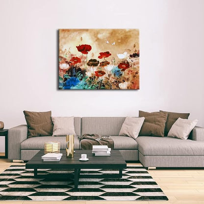 Wieco Art Blooming Poppies Extra Large Modern Gallery Wrapped Contemporary Flowers Giclee Canvas Print Floral Paintings Reproduction Pictures on Canvas Wall Art Work for Home Office Decorations