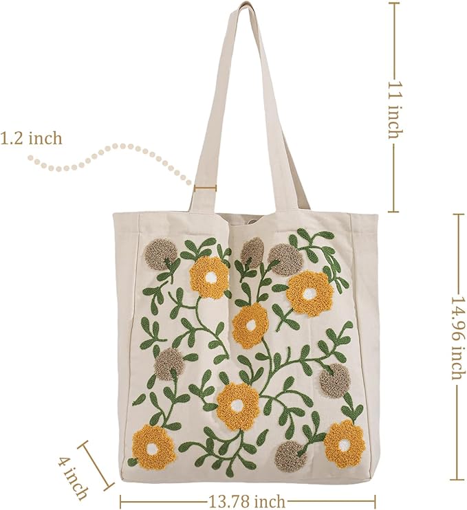 Aesthetic Embroidery Tote Bag for Lady Cute Reusable Canvas Shoulder Bag for Girls Women Shopping Grocery