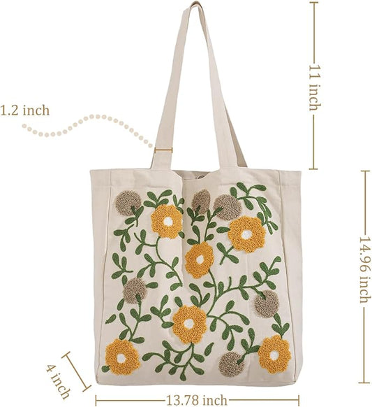 Aesthetic Embroidery Tote Bag for Lady Cute Reusable Canvas Shoulder Bag for Girls Women Shopping Grocery