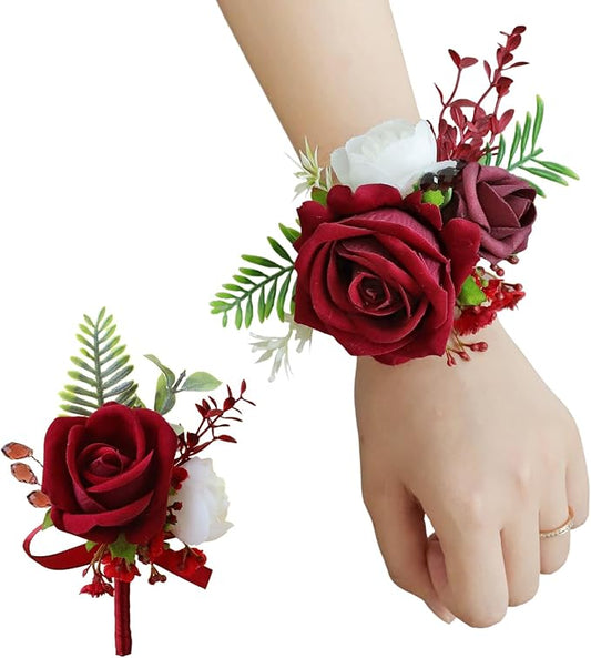 Red Corsage and Boutonniere Set, Prom Wedding Homecoming Wrist Corsage Wristlet and Boutonniere Set for Grooms Groomsmen Guest Bridal Bridesmaid Artificial Flower Suit Decoration