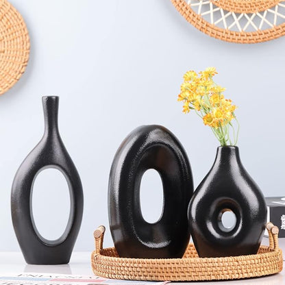 Black Ceramic Vase Set of 4 - Round Hollow Boho Vases for Pampas Grass and Flowers Decor, Modern Minimalist Small Vases for Living Room, Bedroom, Fireplace, Coffee Table Decor, and Centerpieces