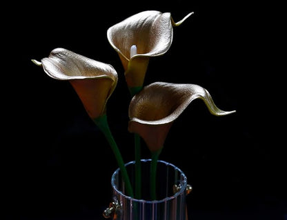 DuHouse 20Pcs Artificial Calla Lily Flower Real Touch Latex Flowers for DIY Wedding Bouquet Party Home Decor (18k Gold)