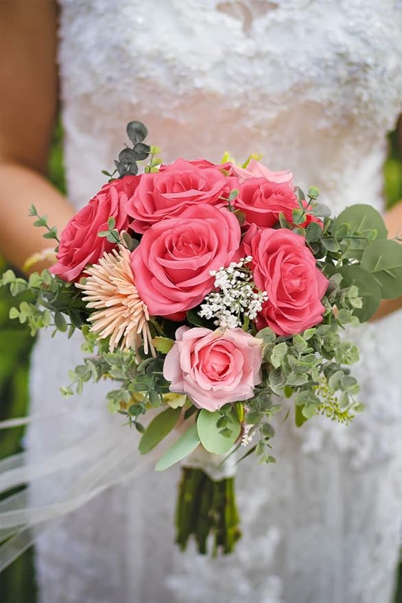 Artificial Rose Flower Coral Flowers Silk Flowers 12 pcs with Long Stem Silk Roses Bouquet for Wedding Bridal Shower Party Home Decoration