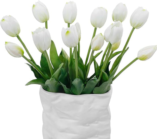 15 Pcs White Artificial Flowers Tulips Real Touch Latex Plastic Soft Faux Bouquets for Party, Wedding, Home, Room, Garden Decor