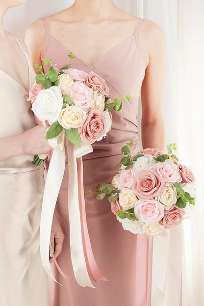 Pink & Champage Wedding Bouquets for Bride Bridesmaids, Bridal Bouquet for Wedding Silk Artificial Flowers