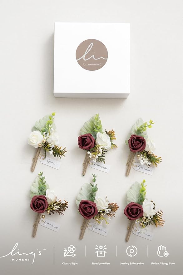 Ling's moment Boutonniere for Men, 6pcs Groom Groomsmen Boutonniere, Artificial Flowers for Wedding Decor/Prom/Homecoming, etc.Burgundy White