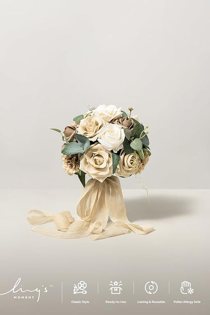 Ling's moment Bridesmaid Bouquet Set of 4, Oatmeal Beige Wedding Bouquets for Bridesmaids, 7 Inch Brown Bridal Bouquets for Bridesmaids, Wedding, Ceremony, Anniversary, etc.