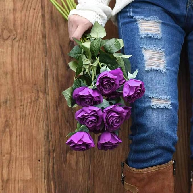Laelfe 12 pcs Artificial Roses Flowers Long Stem Fake Silk Rose for Home Wendding Decorations (Purple)