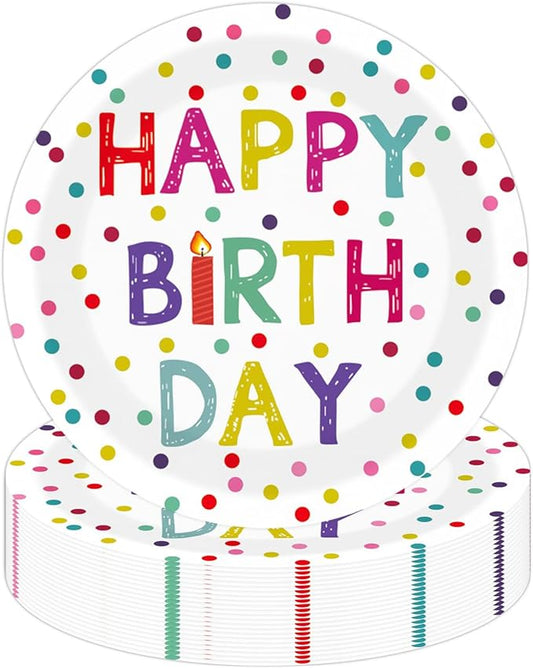 50PCS Happy Birthday Party Paper Plates 7 Inch, Disposable Colorful Polka Dots Cake Dessert Plates for Picnic Baby Shower Party Decorations (Birthday)