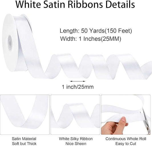 White Ribbon 1 Inch 50 Yards White Satin Ribbon for Crafts DIY Hair Chair Cheer Bows Christmas Bedroom Decor Gift Wrapping Wedding Invitation