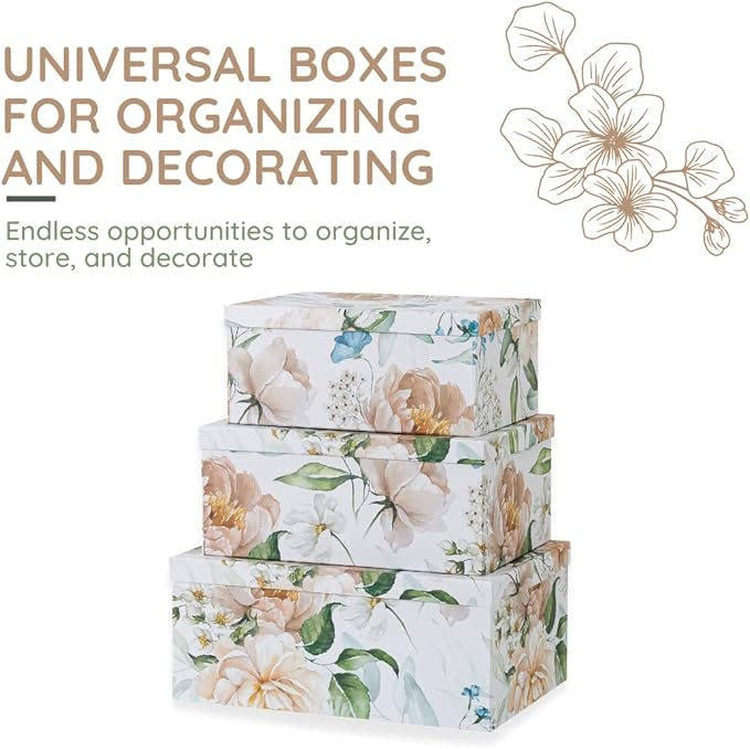 Soul & Lane Decorative Cardboard Storage Boxes with Lids for Home Decor and Organization, Set of 3 Large Keepsake Boxes for Memories & Gifts, Nesting Floral Photo Storage Containers, Floral Revival