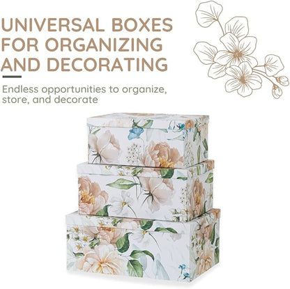 Soul & Lane Decorative Cardboard Storage Boxes with Lids for Home Decor and Organization, Set of 3 Large Keepsake Boxes for Memories & Gifts, Nesting Floral Photo Storage Containers, Floral Revival