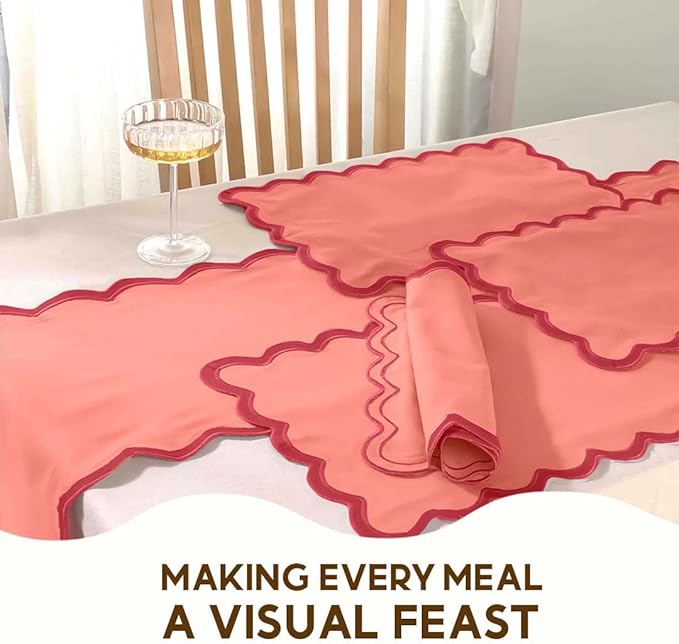 Folkulture Christmas Placemats Set of 4, 13 x 19 Inches 100% Cotton Boho Place Mats or Heat Resistant Table Mats for Dining Table Decor, Scalloped Kitchen Mats or Farmhouse Table Place Mats (Red)