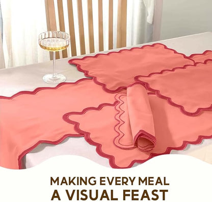 Folkulture Christmas Placemats Set of 4, 13 x 19 Inches 100% Cotton Boho Place Mats or Heat Resistant Table Mats for Dining Table Decor, Scalloped Kitchen Mats or Farmhouse Table Place Mats (Red)