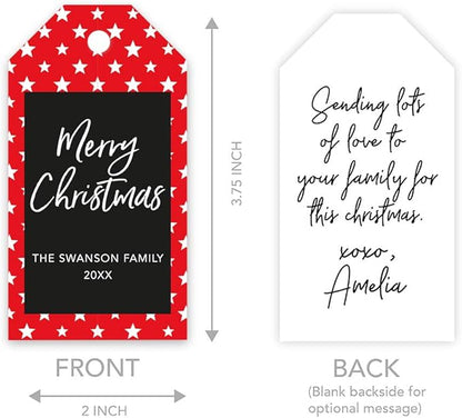 Andaz Press Personalized Christmas Holiday Season Classic Gift Tags, Merry Christmas Custom Family Name and Year, Red with White Stars Design, for Holiday Events, Parties, and Favors, 60-Pack