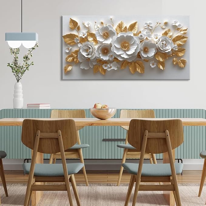 IDAFU Flower Wall Art White Foral and Golden Leaves Wall-décor White Wall Art Floral Painting Pictures for Living Room Bathroom Bedroom Kitchen Office Cuadros Decorativos Para Sala Decor 30L x 16W