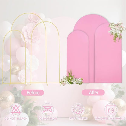 WEERRW Wedding Arch Cover Pink Spandex Fitted Set of 3 Balloon Arch Stand Covers Round Top Chiara Stretchy Backdrop for Birthday Party Baby Shower Banquet Decoration (6FT, 6.6FT, 7.2FT)
