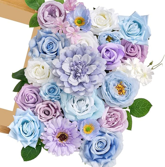 Serwalin Artificial Blue & Purple Flowers, Silk Fake Flowers for DIY Wedding Bouquets Cake Flowers, Table Centerpieces Baby Shower Birthday Party Home Decorations