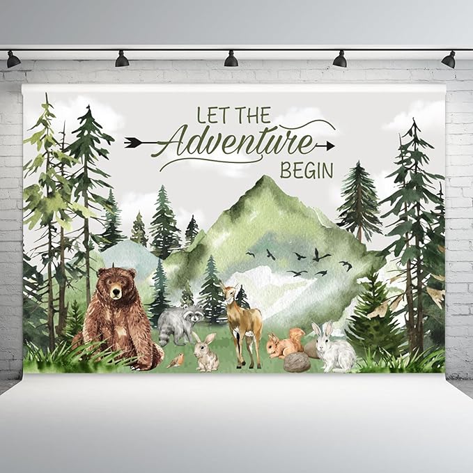 12x8ft Baby Shower Backdrop Mountain Forest Wild Animal Photography Background Cartoon Bear Woodland Green Trees White Cloud Birthday Party Banner Decorations Gender Reveal Photo Booth Prop
