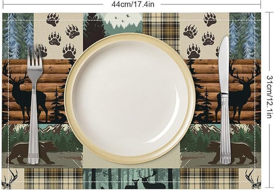 Cabin Bear Deer Moose Placemats Vintage Animal Rustic Lodge Country Art Printed Dining Table Mats Set of 4 for Home Kitchen Holiday Picnic Party Decor 12x18in