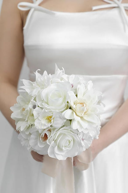 YYHUAWU Fake Flower Heads Mini White Artificial Flower Faux Dahlia Rose Flowers Multicolor Silk Daisy Flower Heads for Craft Garland Wedding Bridal Baby Shower Home Party Decoration DIY Cake Decor