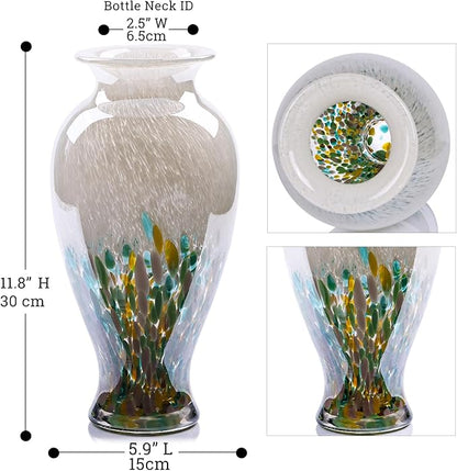 11.8" Tall Blown Green Glass Vase, Colorful Opaque Glass Vase, Unique Design Wide Mouth Art Decoration for Home, Living Room, Dining Table, Pampas Grass Decor (Green)