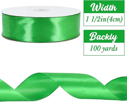 TONIFUL 1-1/2 Inch (40mm) x 100 Yards Bright Green Wide Satin Ribbon Solid Fabric Ribbon for Gift Wrapping Chair Sash Valentine's Day Wedding Birthday Party Decoration Hair Floral Craft Sewing