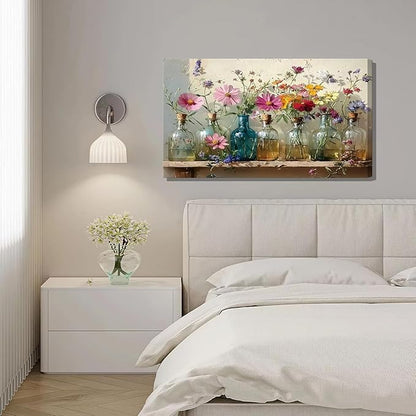1Pcs Framed Retro Farmhouse Flowers Canvas wall art Colorful wildflowers Posters Prints Colored glass bottles Artwork Pictures Printing Wall Decor for Living Room Bedroom Bathroom Home Decoration
