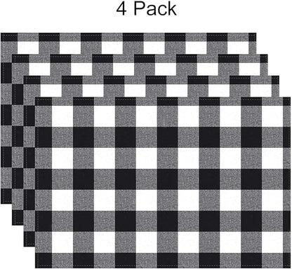 Aneco 4 Pack Buffalo Plaid Placemats Checkered Place Mats Double Layer Placemats 13 x 19 Inches Decorative Kitchen Cotton Table Placemats, Black and White