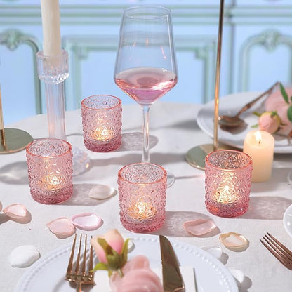 Pink Votive Candle Holder Set of 12, Flower Tea Lights Candles Holders for Wedding Table Centerpieces, Birthday Parties, Anniversary, Pink Bridal Shower and Holiday Decorations