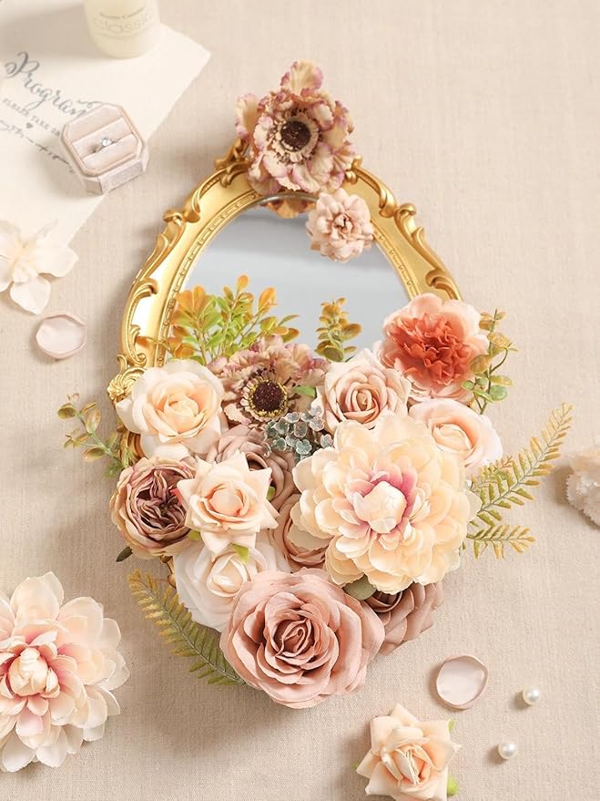 Artificial Flowers Combo Fake Roses Silk Flowers with Stems for DIY Wedding Bridal Bouquets Table Centerpieces Cake Birthday Baby Shower Wedding Anniversary Home Decorations(Champagne Nude)