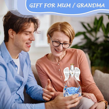 Gifts for Women Birthday Christmas Preserved Rose Forever Flowers in Glass Angel Figurines Fresh Flowers for Delivery for Mom Real Roses for Grandma Wife Her from Daughter (Light Blue Rose+necklace)