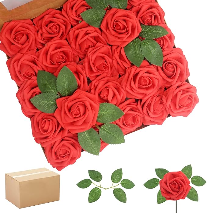 200PCS Red Artificial Flowers Roses Real Looking Foam Fake Roses with Leaves for DIY Wedding Bouquets Bridal Shower Party Decorations (Red, 200)