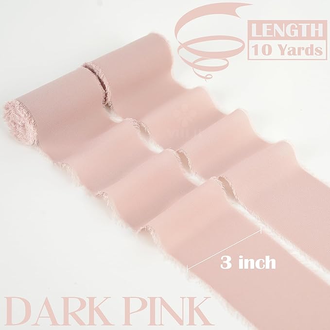 MEEDEE Dusty Rose Chiffon Ribbon 3 Inch Fringe Ribbons Dark Pink Chiffon Silk Frayed Edge Ribbon Wide Chiffon Ribbons for Crafts, Flower Bouquet, Wedding Favors Wrapping (2 Rolls 10 Yards)