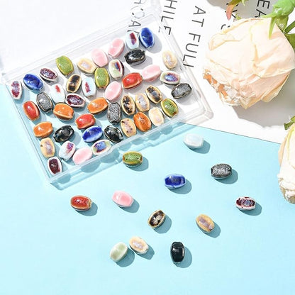Beadthoven 52pcs Handmade Porcelain Oval Beads 13 Colors Fancy Antique Glazed Porcelain Beads Colorful Printed Oval Loose Handmade Spacers for Jewelry Making DIY Bracelet Necklace Earrings Crafting
