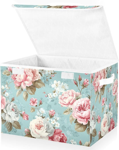 susiyo Cute Floral Pattern Storage Bins with Lids and Carrying Handle Foldable Storage Boxes Organizer Containers Baskets Cube Shelf organizers for Clothes Toys Office