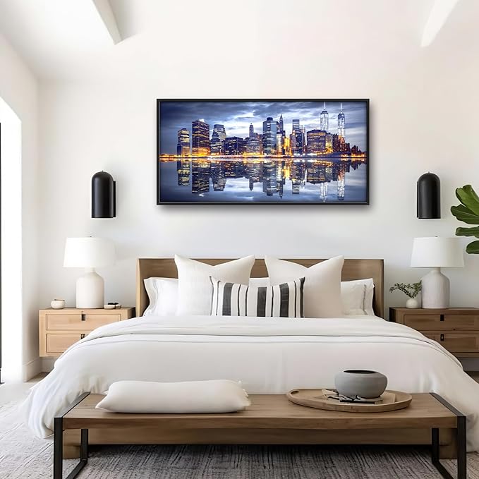 New York City Large Wall Art Framed Wall Decor for Living Room, Manhattan Skyline at Night Pictures Oversized Canvas Print Painting Modern Extra Large Framed Artwork for Bedroom Office 60"x30"