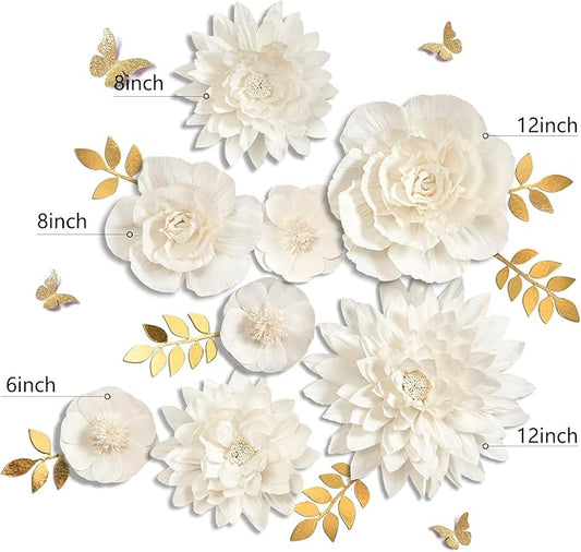 Letjolt White Paper Flowers Decoration for Wall 3D Artificial Flowers Home Decor Modern Wedding Backdrop Baby Shower Bridal Shower Nursery Wall (White 8Pcs)