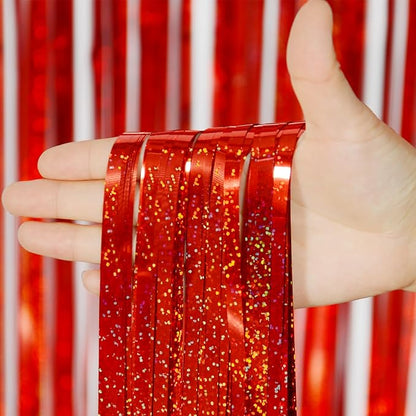 Melsan Red Tinsel Foil Fringe Curtains Backdrop, 3.2 ft x 8 ft Sparkle Tinsel Backdrop Streamers for Christmas Valentines Patriotic Birthday Party Decorations, 2 Packs