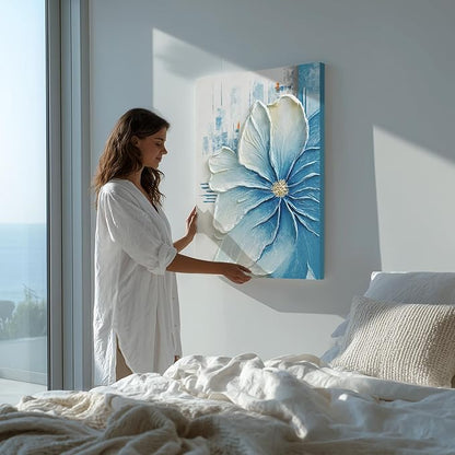 JUHOME Hand-Painted Blue Floral Canvas Wall Art, 24x36 In Thick Textured Abstract Oil Painting, Vertical Modern Artwork for Living Room, Bedroom, Office, Large Original Wall Decor