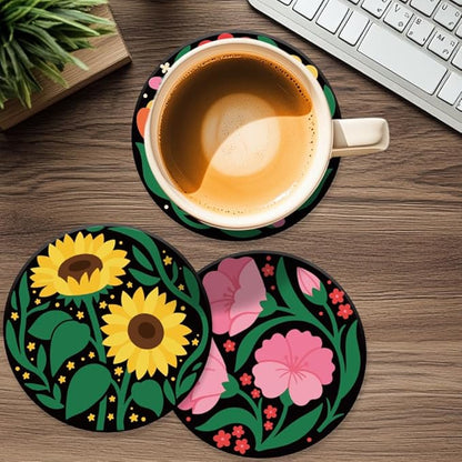 ANATTASOUL Coasters Set of 9 Art Flowers Pattern Colorful Wooden Coasters Bulk Round Housewarming Gift for New Home, 3.9" Decorative Coffee Table Protection for Farmhouse Bar House Decor