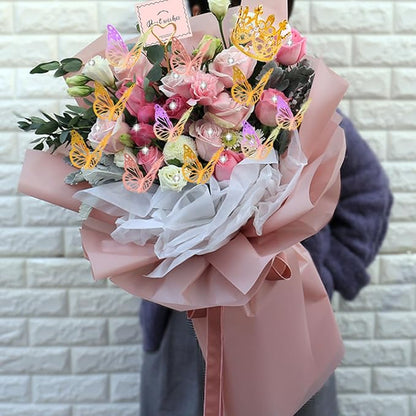 512Pcs Flower Wrapping Paper Kit with 120 Sheets Waterproof Floral Wrapping Paper 3D Butterfly Decor Crowns,Bouquet Pins Ribbons,DIY Crafts for Mother's Day Valentines Graduation Birthday Gift
