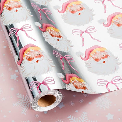 MAYPLUSS Christmas Wrapping Paper Roll - 17 Inch X 33 Feet - Pink Cute Bow Santa Claus Reversible Snowflake Gift Wrapping Paper, Thick Wrap Paper for Holiday Party New Year Kids