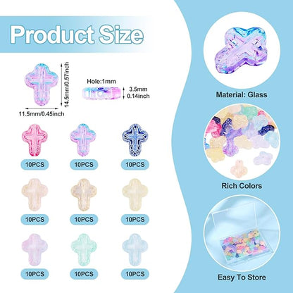 90Pcs Glass Cross Beads Crystal Crucifix Beads Colorful Jesus Cross Easter Charm Bead Loose Spacer Crosses Bead for DIY Craft Bracelets Earrings Necklaces Lanyard Jewelry Making