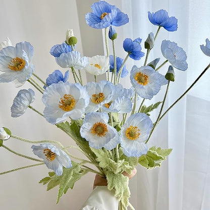 2 Pcs Artificial Fake Flowers Plants Poppies Silk Flower Arrangements Wedding Bouquets Decorations Plastic Floral Table Centerpieces for Home Kitchen Garden Party Decor Approx 23.6" High - Light Blue