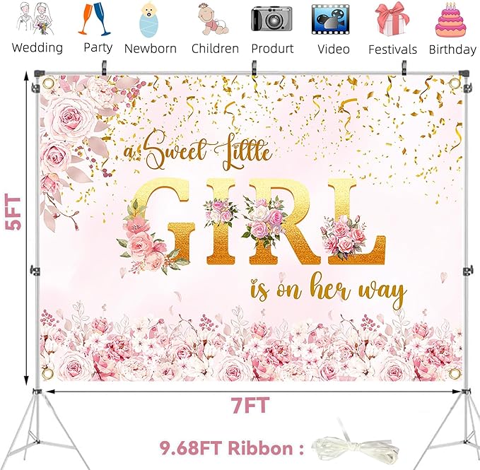 Large 7 x 5ft Girl Baby Shower Backdrop Banner - Pink Floral Sweet Little Girl is on Her Way with 19.68ft (6m) Ribbon for Baby Shower Decorations, Photography & Party Backdrop